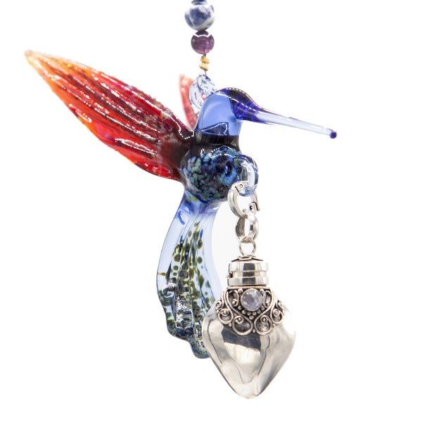 Keepsake Urn Pendant with Glass Hummingbird for Cremation Ashes - Blue and Red