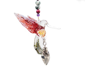 Keepsake Urn Pendant with Glass Hummingbird for Cremation Ashes-  Red Wings