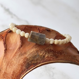 Riverstone & Black Moonstone Bracelet: Neutral Gemstone Stretch Bracelet