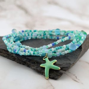 Stretch Beaded Multi Wrap Bracelet: Coastal Blue-Green Jewelry, Optional Starfish Charm