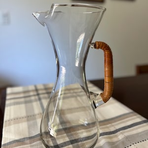 Famous mid-century designer Carl Aubock glass pitcher w/ caned handle, juice carafe, Minimalist pitcher, Vintage kitchen, MCM kitchen, boho