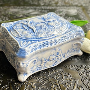 Hand Painted Porcelain Vintage Trinket Box: Musicians Relief