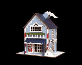 Casa navideña, pueblo, iglesia, antiguo, vintage, moderno, Papá Noel, árbol, muñeco de nieve, ciervo, luces, adorno, decoración, corte láser, construcción CHv1