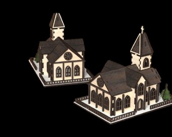 Casa navideña, pueblo, iglesia, antiguo, vintage, moderno, Papá Noel, árbol, muñeco de nieve, ciervo, luces, adorno, decoración, corte láser, construcción CHv4