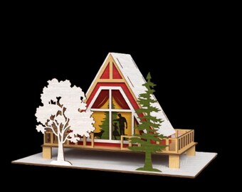 Casa navideña de madera, pueblo, iglesia, árbol de Navidad antiguo, moderno, Papá Noel, muñeco de nieve, ciervo, luces, adorno, decoración, corte láser, construcción CHv7