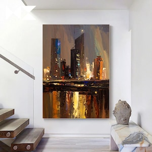 Original Cityscape Oil Painting on Canvas | Modern Skyline Wall Art in Gold & Amber Tones