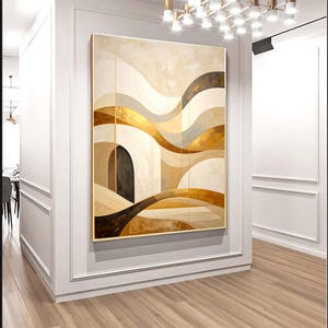 Luxury Abstract Oil Painting – Modern Architecture Inspired Wall Art – Flowing Shapes – Neutral Beige & Gold Handmade Canvas