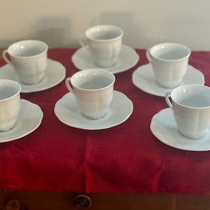 Vintage Haas & Czjzek Porcelain Teacup and Saucer Set – Set of 6 White Cups – Handmade in Czech Republic – Fine European Tea Set