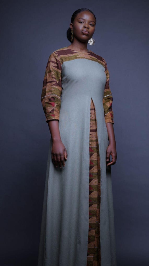 Pastel Green Linen Midi Dress with Kente - African Heritage Ethical Fashion