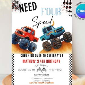 Monster Truck Birthday Invitation, Need 4 Speed Car Invitation: Editable Lightning McQueen Theme 4th Birthday Invite, Truck Boy Theme Party