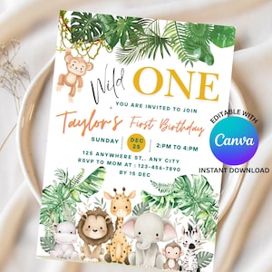 Könnte beinhalten: Eine Geburtstagseinladung zum Thema Dschungel mit dem Text "Wild One" in Gold und schwarzer Schrift. Die Einladung enthält einen Affen, einen Löwen, eine Giraffe, einen Elefanten, ein Zebra und andere Dschungeltiere. Bearbeitbar mit Canva.