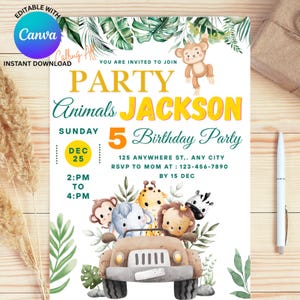 Könnte beinhalten: Eine Party-Einladung mit Dschungel-Thema. Die Einladung zeigt den Text "PARTY Animals JACKSON 5 Birthday Party" mit Illustrationen von Dschungeltieren und einem Auto. Die Einladung ist mit Canva bearbeitbar und steht zum sofortigen Download bereit.