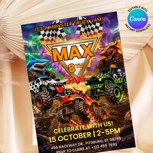 Könnte beinhalten: Eine rechteckige Partyeinladung mit Monstertrucks, Zielflaggen und violettem Rauch. Text: IT'S A MONSTER TRUCK JAM! MAX 8TH JAM. CELEBRATE WITH US! 15 OCTOBER | 2-5PM. 456 RACEWAY DR., PITSBURG, ST 98765. RSVP TO CLAIRE AT +123 456 7890.