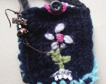 knit flower amulet bag necklace + Turquoise Howlite stone, fiber embroidery jewelry, crystal stash pouch, Handmade by Peace Stitch Studio