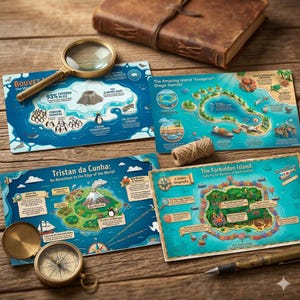 Può includere: Quattro mappe illustrate di avventura con una lente d'ingrandimento, una bussola e una penna su una superficie di legno. Le mappe raffigurano isole con etichette di testo e illustrazioni di pinguini, vulcani e altre caratteristiche geografiche. Un diario rilegato in pelle è sullo sfondo.