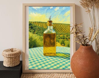 Olive Oil Bottle Impasto Painting: Mediterranean Kitchen Art (Digital Download)