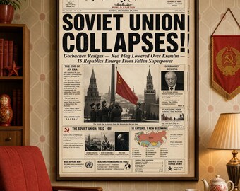 Póster de periódico sobre el colapso de la Unión Soviética en 1991, lámina vintage sobre la caída de la URSS, arte mural sobre la historia de la Guerra Fría, póster de Gorbachov para imprimir, descarga digital.
