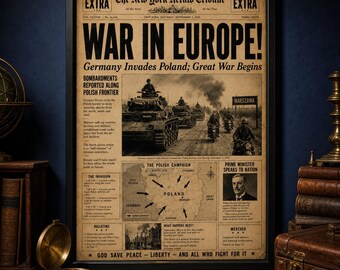 WW2 Germany Invades Poland 1939 Newspaper Poster, War in Europe Vintage Print, World War II Historical Wall Art, Printable Decor