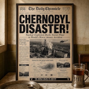 Könnte beinhalten: Ein gerahmter Zeitungsdruck im Vintage-Stil mit dem Titel The Daily Chronicle, der Schlagzeile Chernobyl Disaster!, einem Schwarz-Weiß-Foto des Kraftwerks, einer Karte zur radioaktiven Ausbreitung in Europa und mehreren Textspalten.