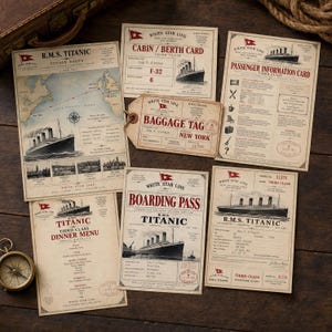 Peut inclure: Une collection de documents en papier de style vintage sur le R.M.S. Titanic, incluant une carte d'itinéraire, une carte de cabine, une fiche d'information passager, une étiquette de bagage, une carte d'embarquement, un menu et un billet.