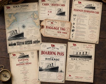 Titanic Third Class Passenger Bundle | RMS Titanic 1912 Printable Collection | Ticket, Boarding Pass, Menus, Route Map & Newspaper