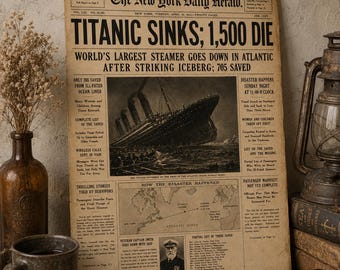 Titanic-krant afdrukbaar | Vintage 1912 voorpaginaposter, print historische zeeramp en digitale download pdf voor verzamelaars