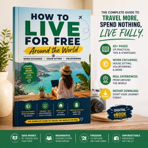 Może przedstawiać: Książka zatytułowana "How to Live for Free Around the World" z kobietą używającą laptopa na okładce. Książka promuje podróże, wymianę pracy, opiekę nad domem i wolontariat. Tekst zawiera "Podróżuj więcej, nie wydawaj nic, żyj pełnią życia."