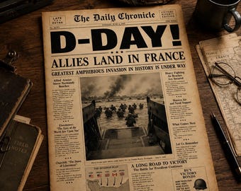 Afdrukbare voorpagina van D-Day-krant | Invasieposter van Normandië | Digitale download van historische krantenreproductie WO II