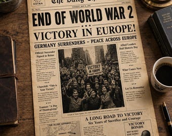 Einde van de Tweede Wereldoorlog krant voorpagina afdrukbare | Historische WWII-overwinningsposter, VE Day-krantreproductie pdf-download