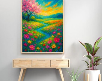 Spring Landscape Wall Art Printable – Vibrant Abstract Nature Painting, Colorful Meadow Digital Download, Acrylic Textured Art for Home