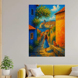 Split Wandbild - Mediterrane Straßenszene im Impasto Stil, Digital Download Kroatien Reise Poster