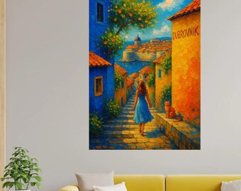 Dubrovnik Wall Art – Mediterranean Street Scene in Impasto Style, Digital Download Croatia Travel Poster