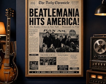 The Beatles 1964 Newspaper Poster, Beatlemania Hits America, Vintage Beatles Wall Art, British Invasion Music History Print