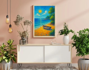 Coastal Beach Print: Acrylic Boat Painting, Summer Home Decor (Digital Download)