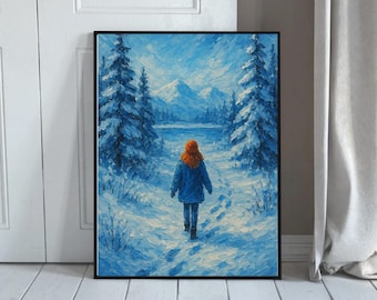 Winter Forest Wall Art Printable – Girl in Snowy Landscape, Acrylic Style Digital Painting, Cozy Nordic Nature Scene Download