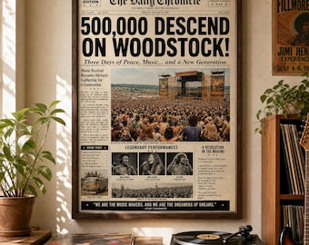 Woodstock 1969 Newspaper Poster, Vintage Music Festival Print, Jimi Hendrix Wall Art, 60s Hippie Decor, Retro Music History Poster