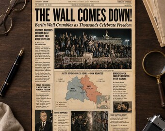 Berlin Wall Falls 1989 Newspaper Poster, The Wall Comes Down Vintage Print, Cold War History Wall Art, Berlin Printable Decor