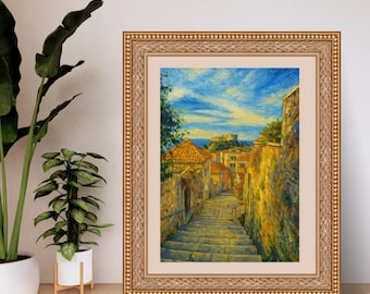 Dubrovnik Steps Print: Mediterranean Coastal Impasto Art (Digital Download)