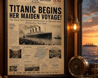 Titanic Maiden Voyage 1912 Newspaper Poster, RMS Titanic Vintage Print, Historic Ship Wall Art, Printable Titanic Decor, Digital Download