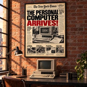 Może przedstawiać: Oprawiony wydruk starej gazety zatytułowany The New York Times z nagłówkiem The Personal Computer Arrives pogrubioną czerwoną czcionką. Wydruk zawiera obraz komputera osobistego IBM, klawiatury i monitora wraz z kolumnami tekstu.