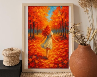 Autumn Girl Art Print: Vibrant Fall Leaves, Acrylic Style (Digital Download)