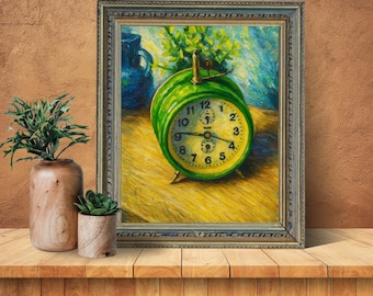Vintage Alarm Clock Impasto Print: Retro Green Wall Art (Digital Download PNG File)