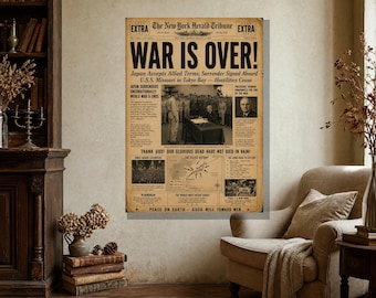 Japan Surrenders 1945 Newspaper Poster, War Is Over WW2 Print, V-J Day Historical Wall Art, World War II Printable Decor