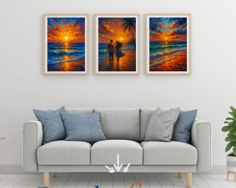 Beach Sunset Impasto Art Prints: Coastal Seascape Set of 3 (Digital Download
