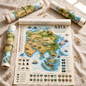 May include: A decorative wall map of Asia printed on off-white paper, featuring detailed illustrations of regional wildlife, landmarks, and cultural icons. The map includes a list of countries with flags, natural wonders, and text labels for geography.