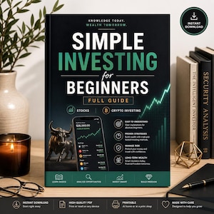 May include: A book titled "Simple Investing for Beginners" with a dark green and white cover. The cover features a stock market graph, a smartphone displaying financial data, and the text "Stocks" and "Crypto Investing". The book is a full guide.