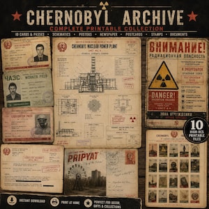 May include: A collection of printable Chernobyl-themed documents including ID cards, a technical schematic diagram of the nuclear power plant, a radiation hazard warning poster, a Pripyat postcard, and a sheet of postage stamps with vintage graphics.