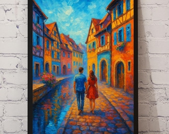 Colmar France Wall Art – Romantic Couple Strolling, Impressionist Digital Print, French Village Poster Download