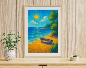 Print kuststrand: acrylschilderij boot, zomerhuisdecoratie (digitale download)