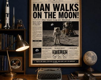 Moon Landing 1969 Newspaper Poster, Man Walks on the Moon, Apollo 11 Vintage Newspaper Print, Neil Armstrong Space Wall Art